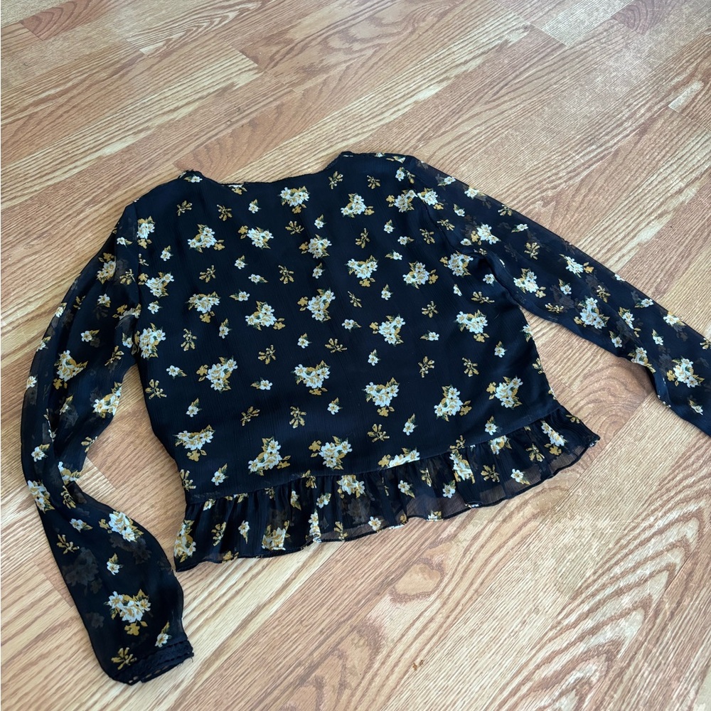 ZARA Sheer Floral Blouse Black Yellow White Long Sleeve Ruffle Hem Top - Picture 7 of 7